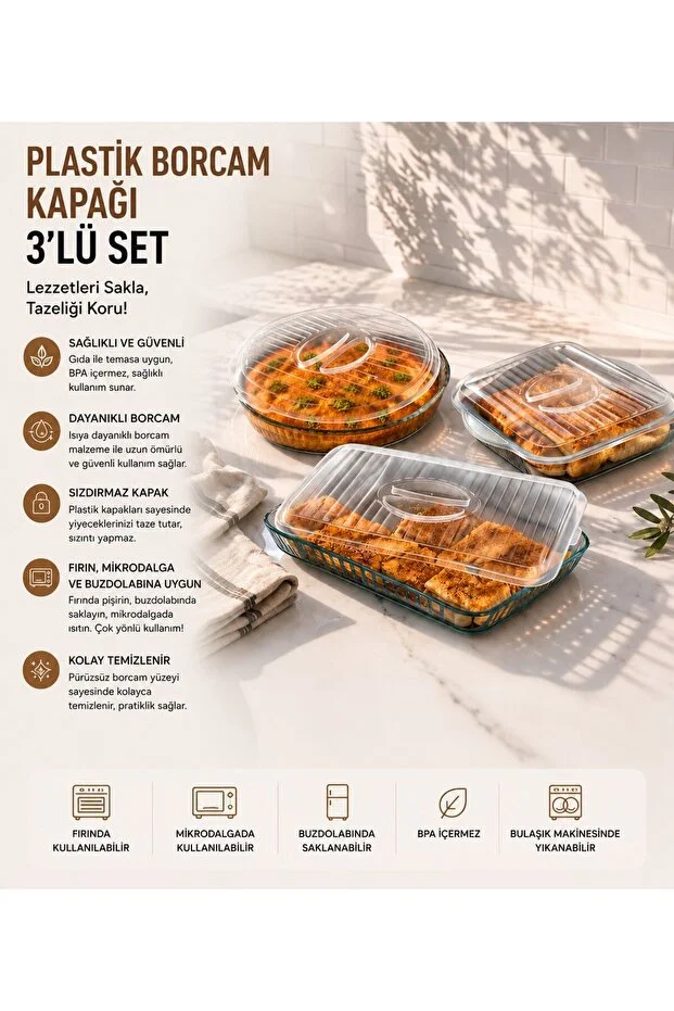 Borcam Kapağı 3’lü Set Plastik Yuvarlak Kare Dikdörtgen Kapak Saklama Kabı Kapağı